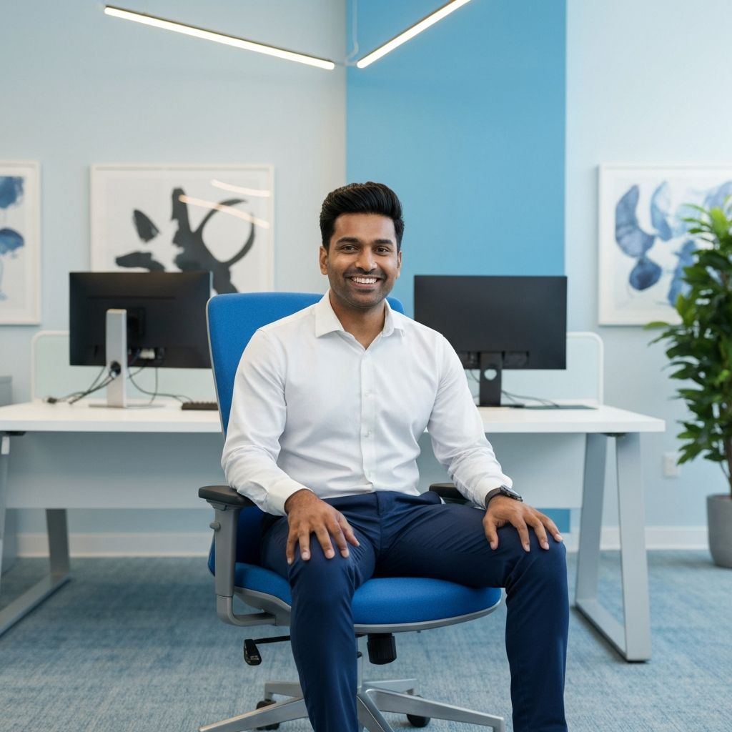 Happy customer sitting on a repaired office chair
